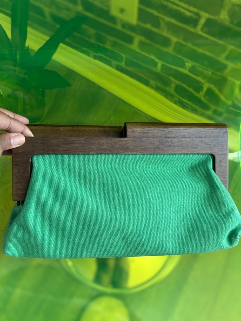 Green Canvas Clutch with Wooden Frame